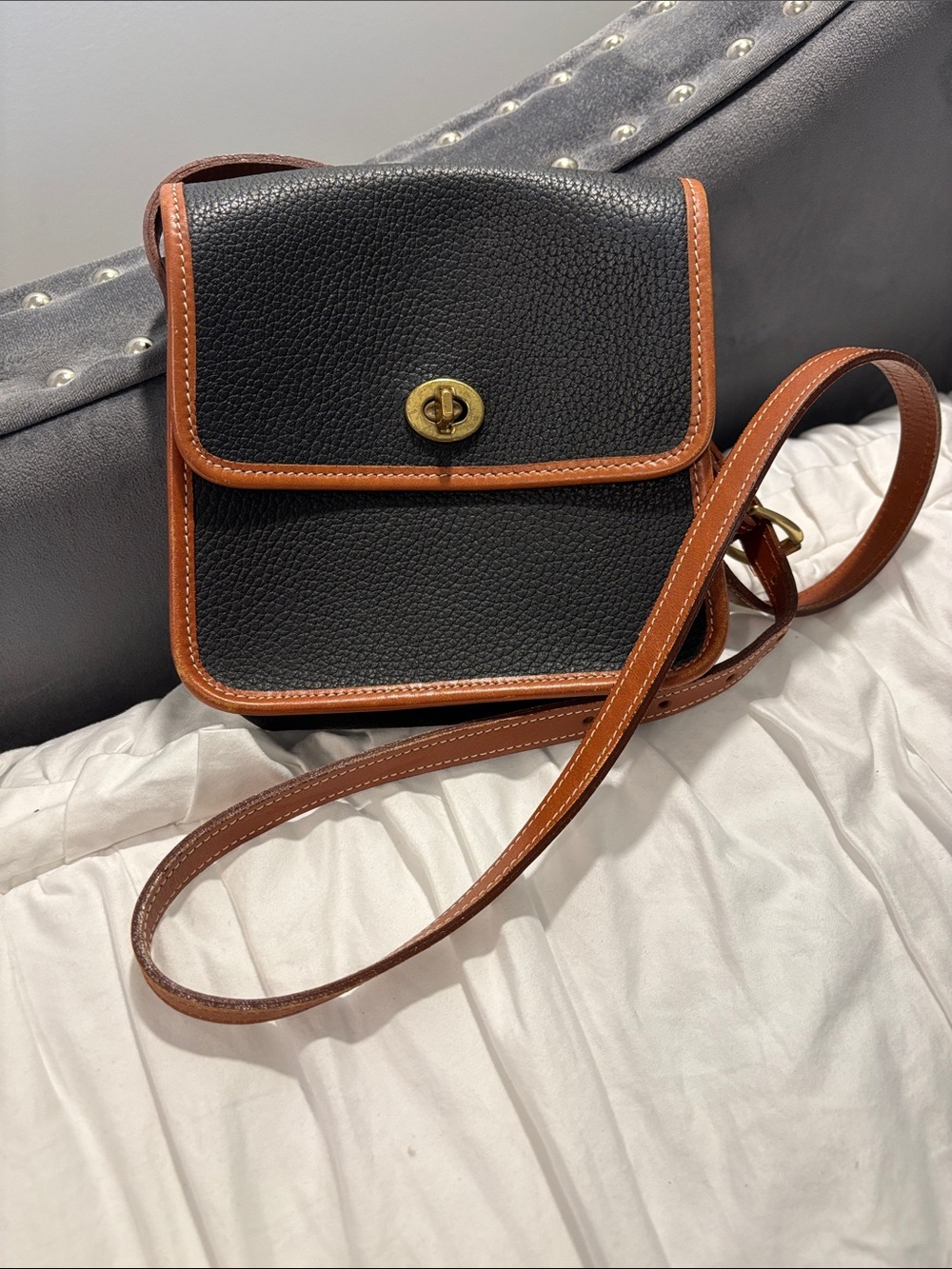 Vintage Lands' End Black Crossbody with Brown Trim and Strap (Pebbled Leather)